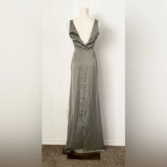 BHLDN NWT Anthropologie Piper V-Neck Side Slit Satin Gown Dress Size 0 Moss